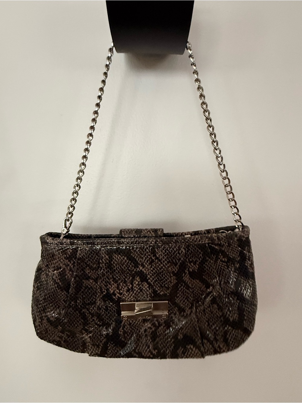 Calvin Klein Snake-Print Clutch in Brown and Black with Chain Strap